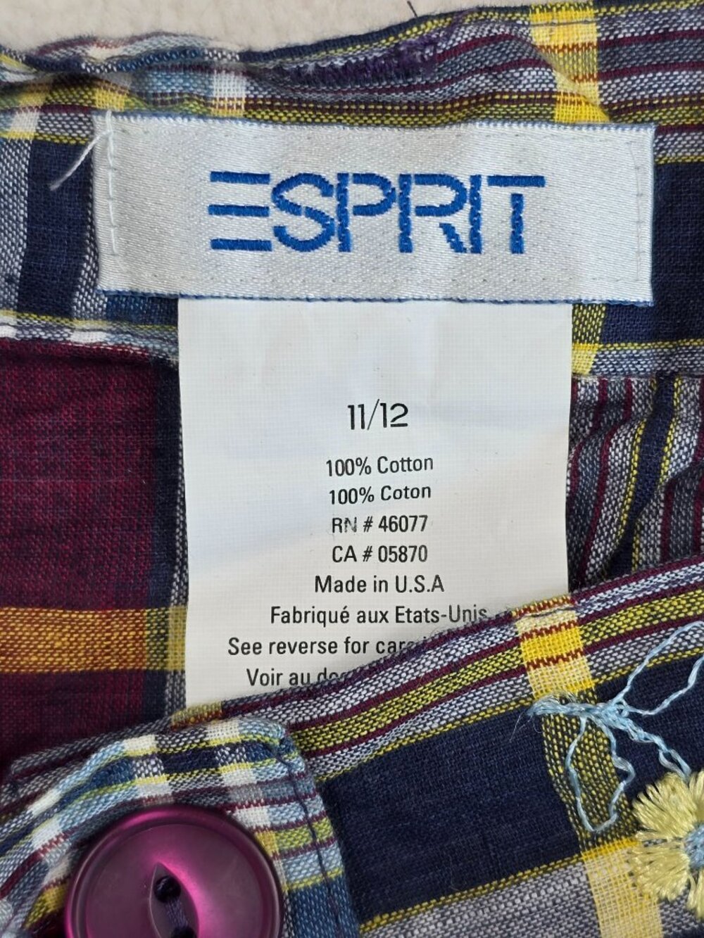 Vintage Y2K Esprit Plaid Skirt 11/12 Button Front 100% Cotton Floral Embroidery - Picture 2 of 3